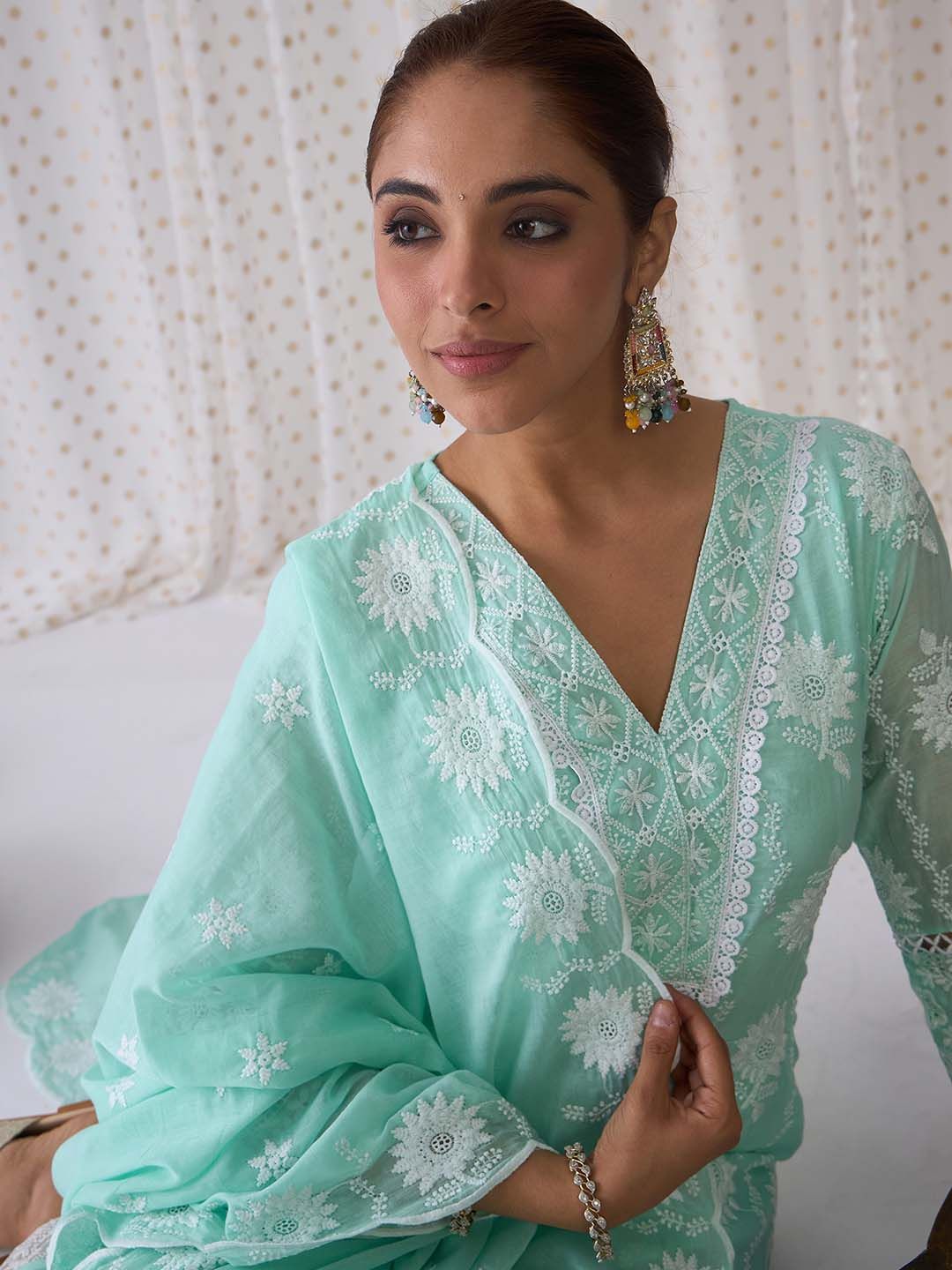 Dhiyona IE Floral Embroidered Pure Cotton Straight Kurta With Trousers & Dupatta