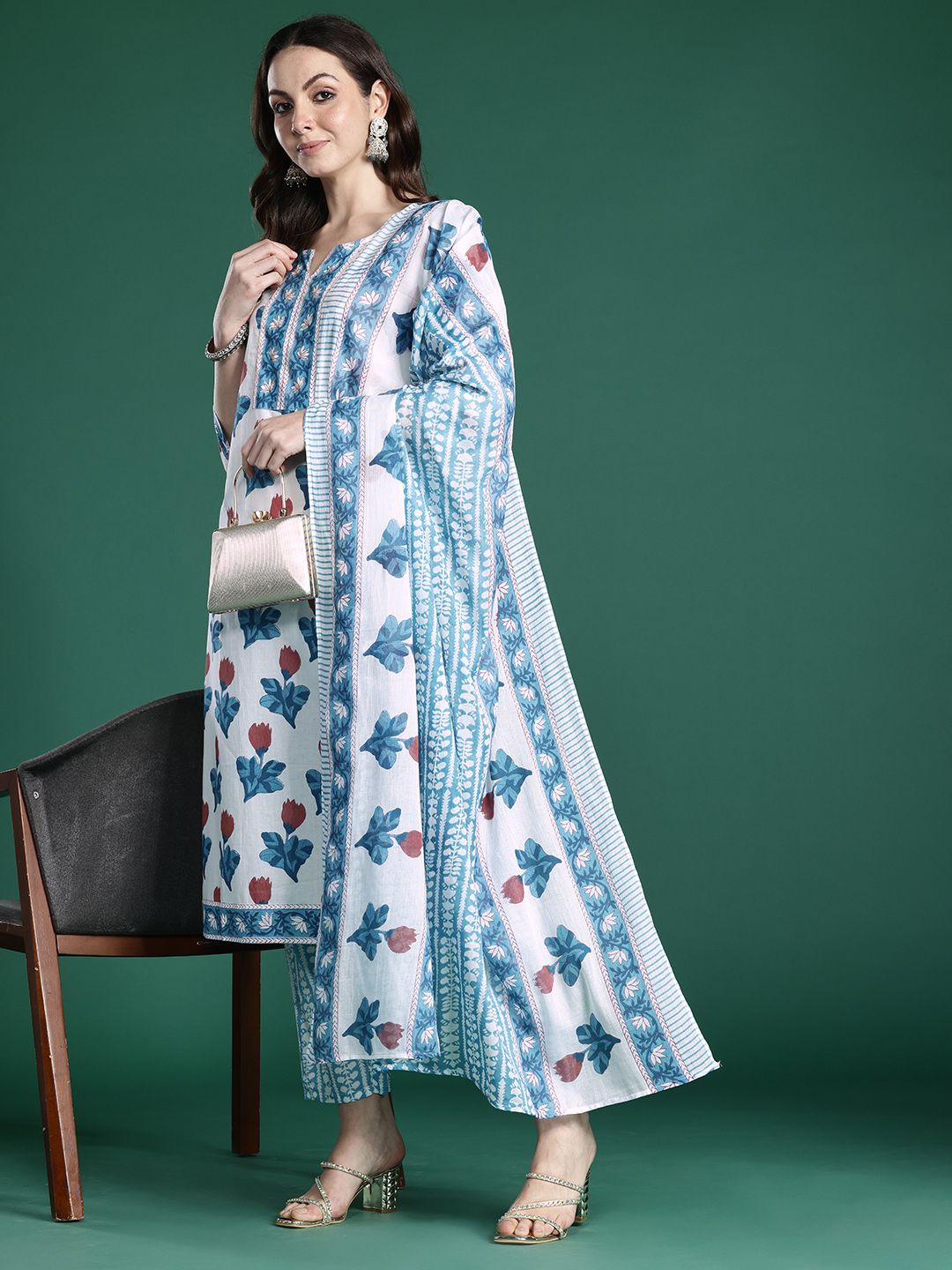 Floral Printed Beads and Stones Pure Cotton Kurta with Trousers & With Dupatta