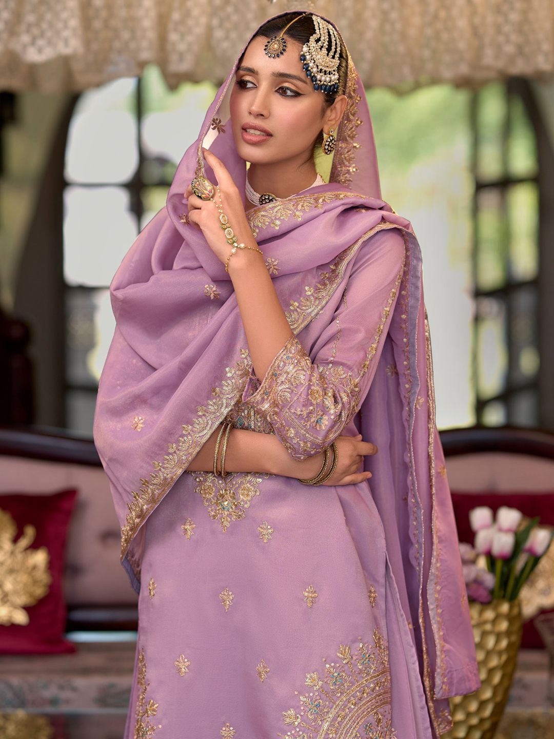 Indyancart IE Ethnic Motifs Embroidered Sequinned Straight Kurta Palazzos With Dupatta