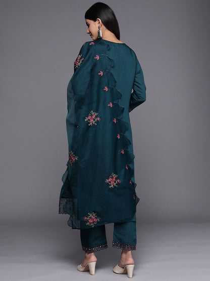 Indyancart VA Women'sTeal Floral Embroidered Kurta with Trouser & Dupatta