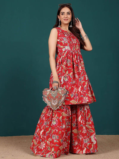 Indyancart VA Women's Floral Embroidered Regular Thread Work Pure Cotton Kurti with Sharara