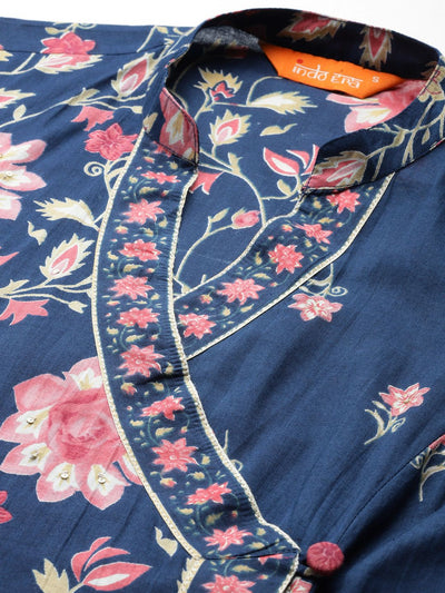 Indyancart IE Floral Printed Angrakha Pure Cotton Kurta with Trousers & Dupatta