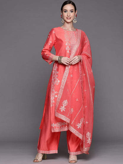 Women Pink Ethnic Motifs Printed Liva Kurta with Palazzos & With Dupatta