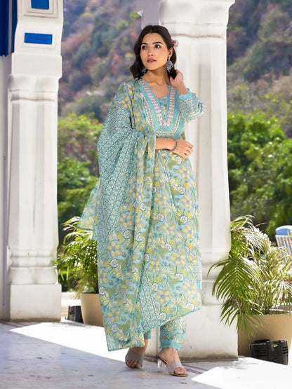 Indyancart VA Women'sFloral Printed Regular Mirror Work Pure Cotton Kurta With Trouser & Dupatta