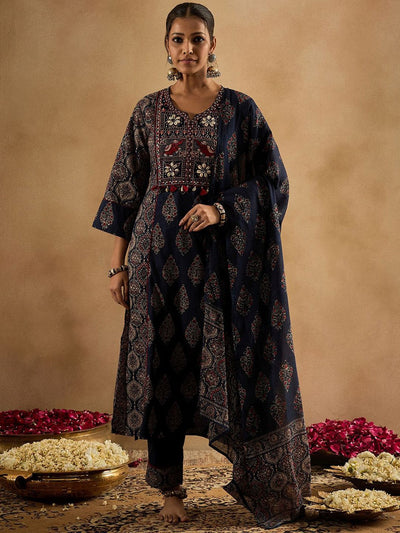 Indyancart IE Women Ethnic Motifs Embroidered Panelled Mirror Work Pure Cotton Kurta