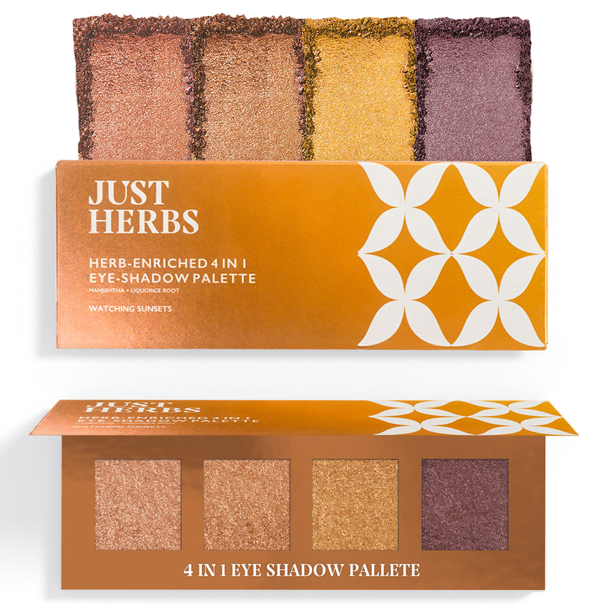 Just Herbs 4-in-1 Eye Shadow Palette in Watching Sunset with four neutral and warm-toned shades for versatile eye makeup looks.