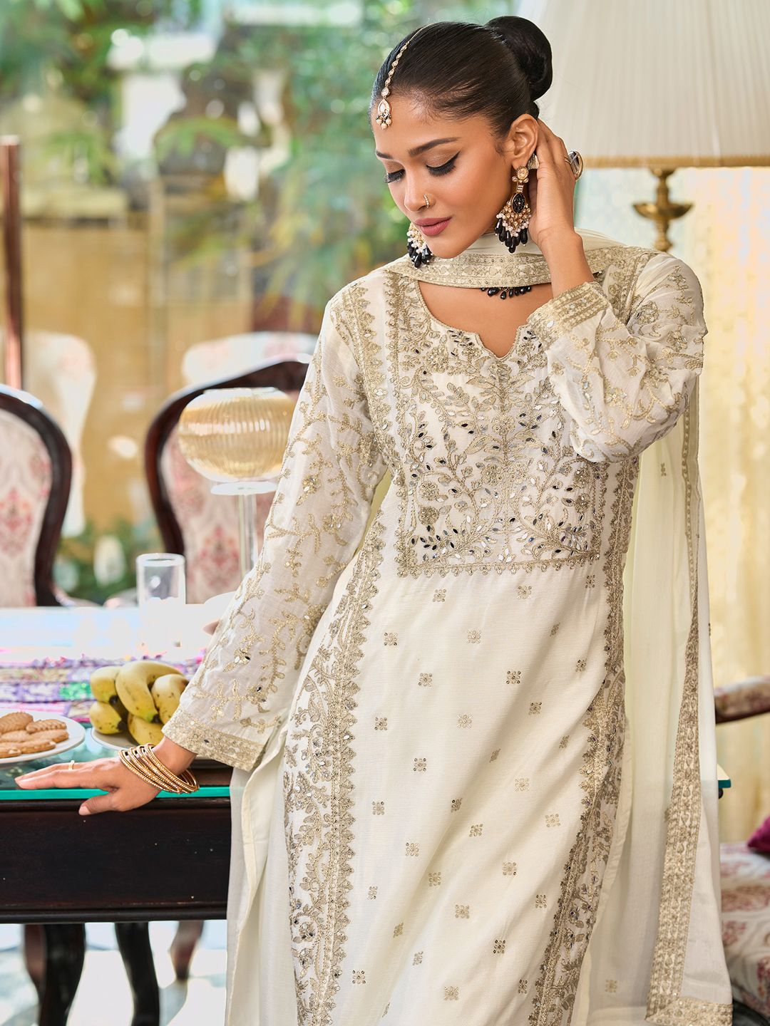 Indyancart IE Floral Embroidered Notch Neck Mirror Work Straight Kurta With Palazzos & Dupatta