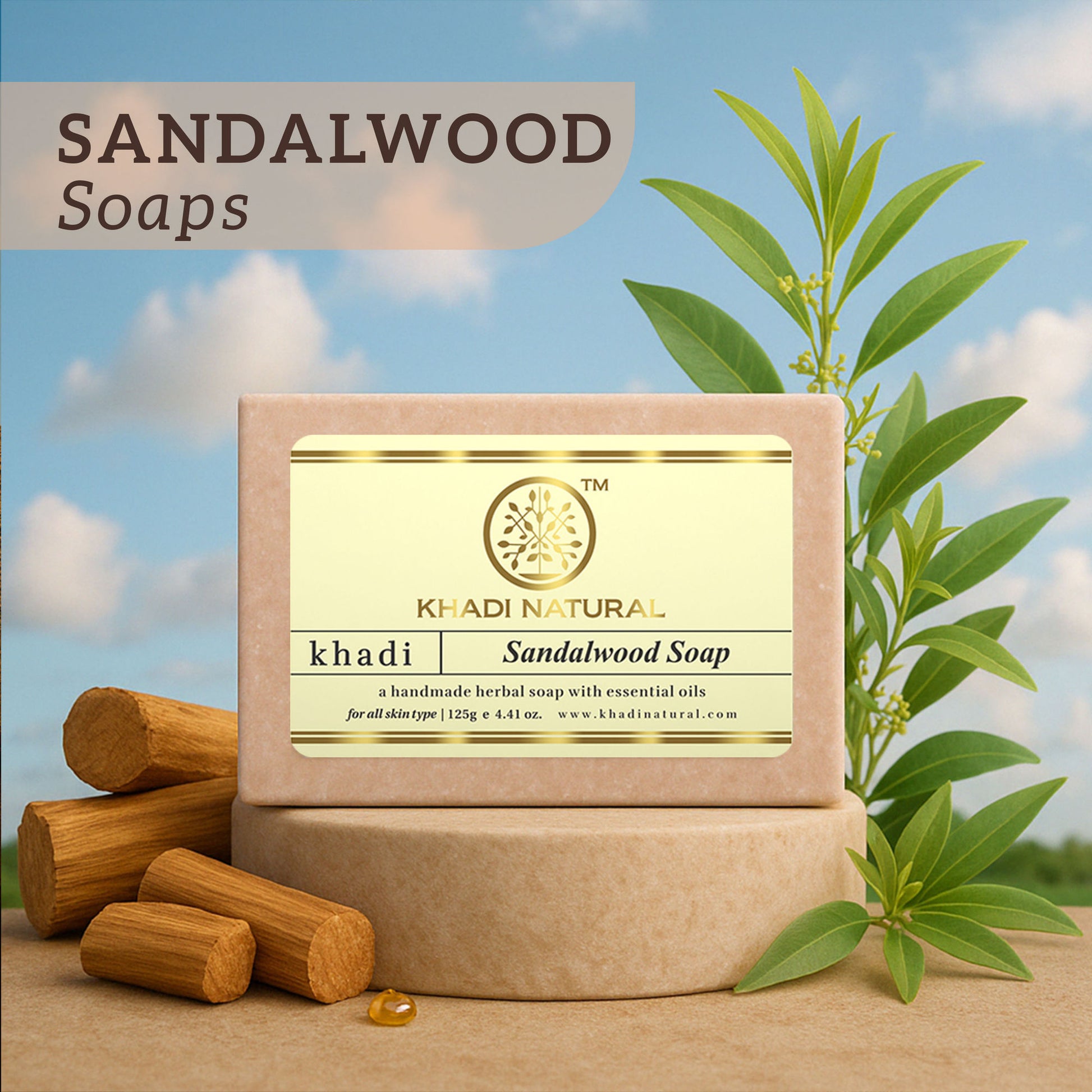 Khadi Natural Sandalwood Handmade Soap Treat Acne & Moisturize Skin