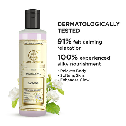 Khadi Natural Jasmine Massage Oil bottle with floral design, showcasing the calming and caring herbal massage oil.