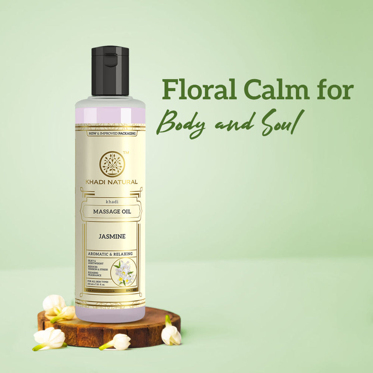 Khadi Natural Jasmine Massage Oil bottle with floral accents, showcasing calming, natural skincare for relaxation and care.
