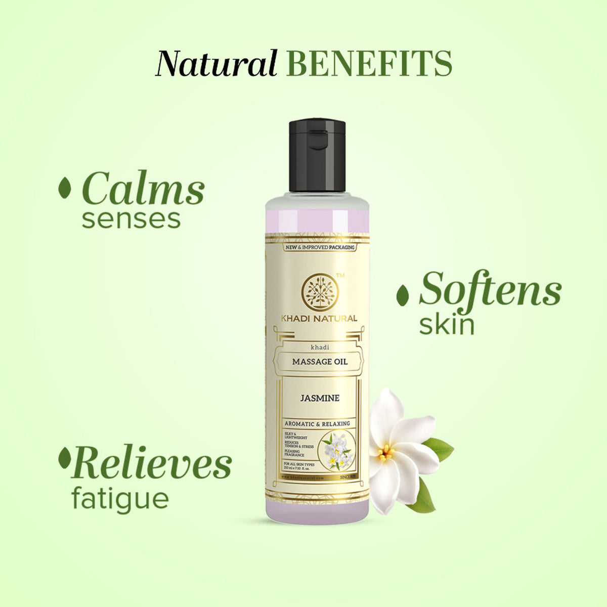 Khadi Natural Jasmine massage oil bottle with floral accents, showcasing a calming natural skincare product for relaxation and care.