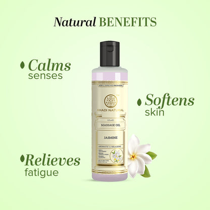 Khadi Natural Jasmine massage oil bottle with floral accents, showcasing a calming natural skincare product for relaxation and care.