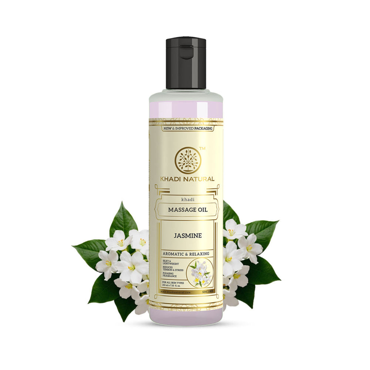 Khadi Natural Jasmine Massage Oil bottle with floral accents, showcasing a calming, natural skincare product for massage and relaxation.