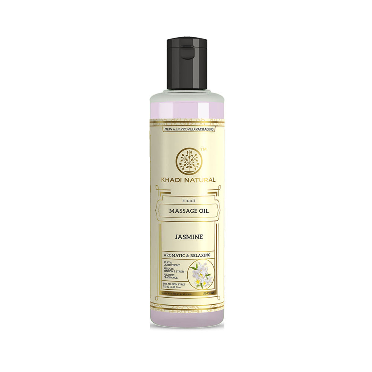 Khadi Natural Jasmine massage oil bottle with floral accents, showcasing the calming and caring herbal massage oil for skin relaxation.