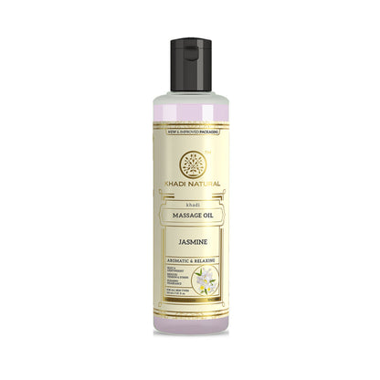 Khadi Natural Jasmine massage oil bottle with floral accents, showcasing the calming and caring herbal massage oil for skin relaxation.