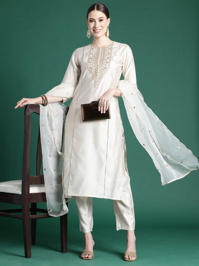 Indyancart IE Ethnic Motifs Embroidered Panelled Liva Kurta With Trousers & Dupatta