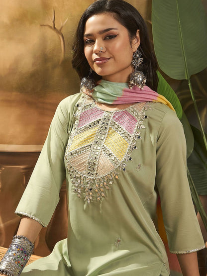 Indyancart SN Women's Floral Embroidered Straight Kurta With Trouser & Dupatta