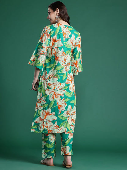 Indyancart IE Women Floral Printed Regular Pure Cotton Kurta with Trousers
