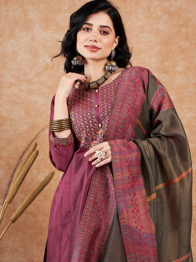 Indyancart SN Women's Pink Floral Embroidered Zari Sequence A-Line Kurta & Trousers With Dupatta