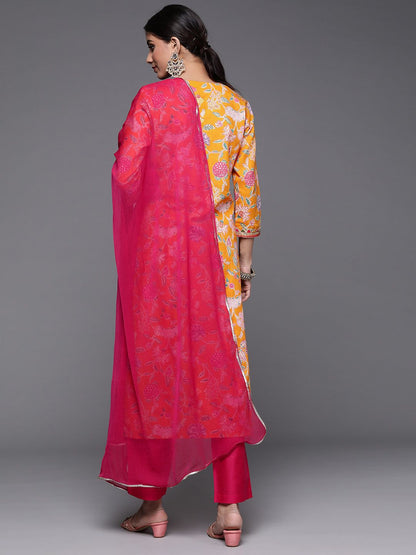 Indyancart VA Women's Mustard Yellow Ethnic Motifs Printed Kurta with Trousers & Dupatta