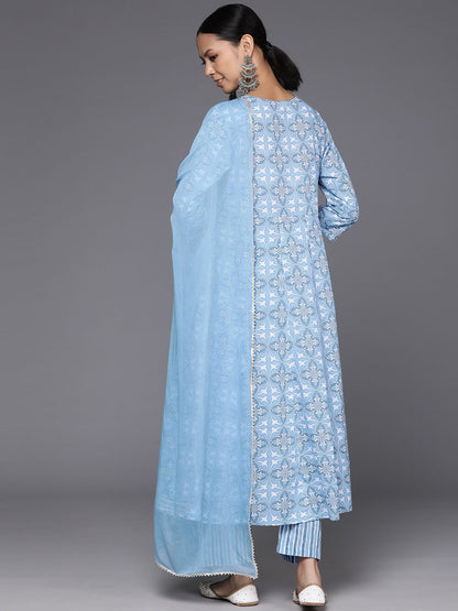 Indyancart VA Women'sPrinted Empire Mirror Work Pure Cotton Kurta with Trousers & Dupatta