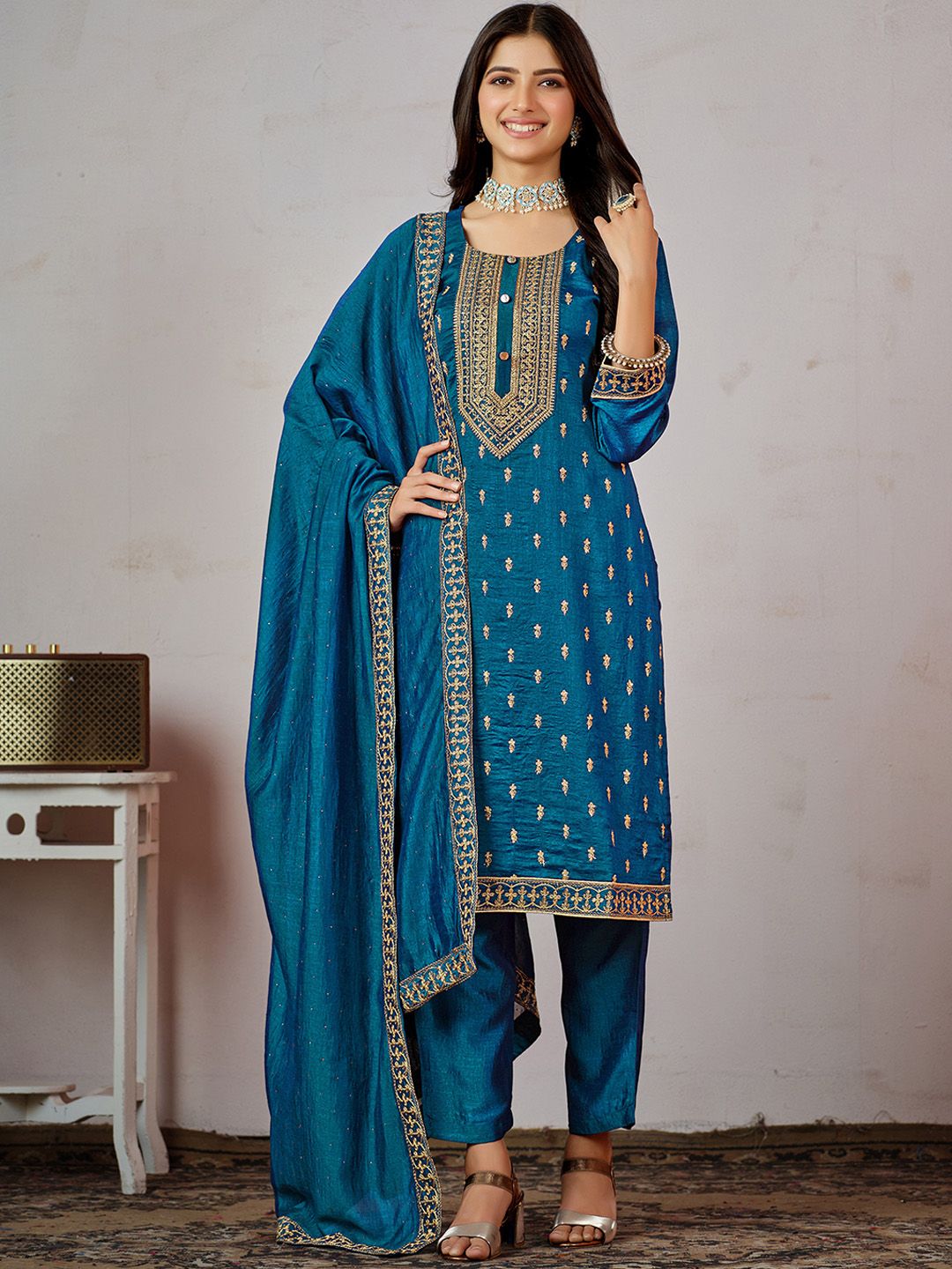 Indyancart SN Women's Blue Ethnic Motifs Embroidered Kurta with Churidar & Dupatta