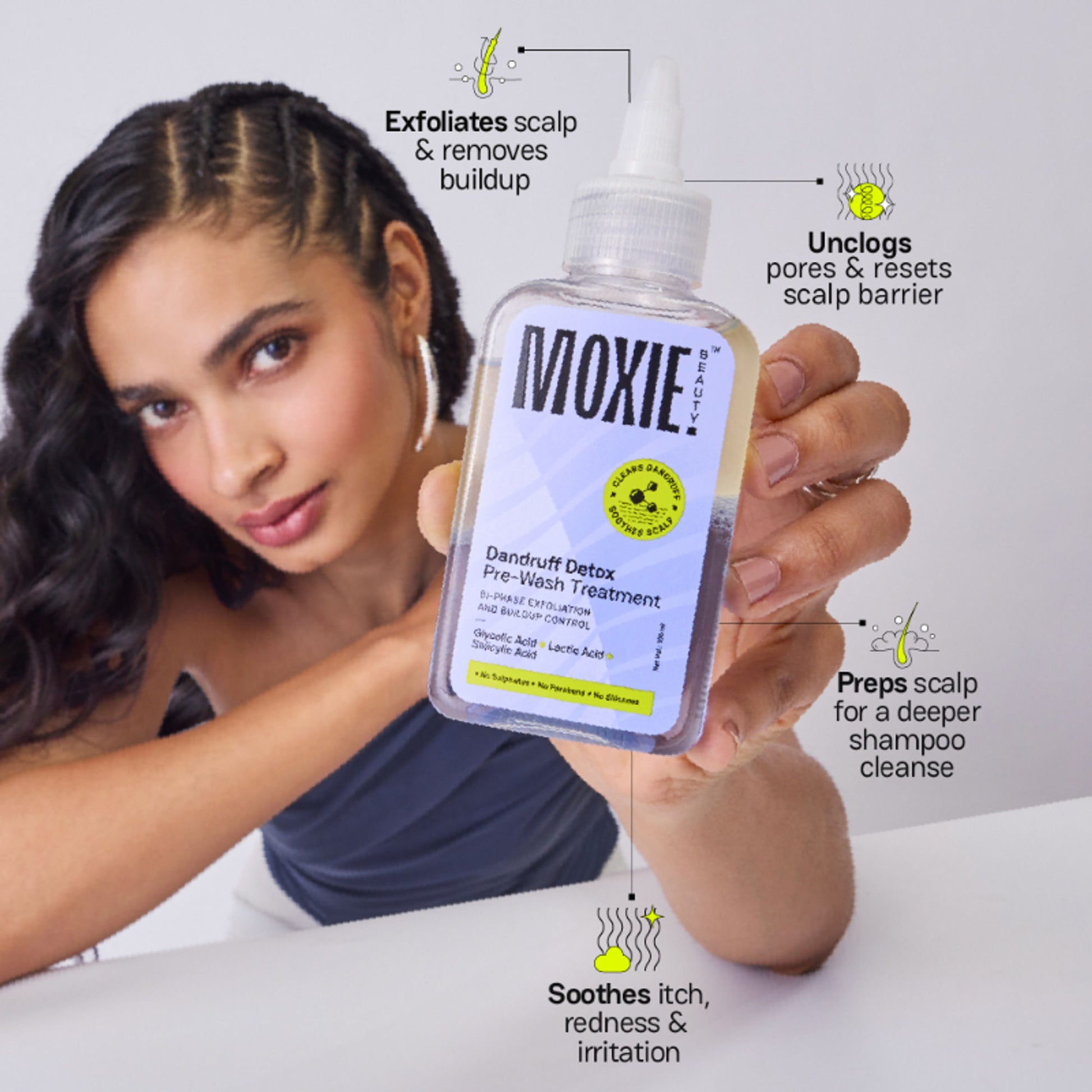 Moxie Beauty Anti-Dandruff Pre-wash Treatment with AHA-BHA Complex for Flake-Free, Refreshed Scalp