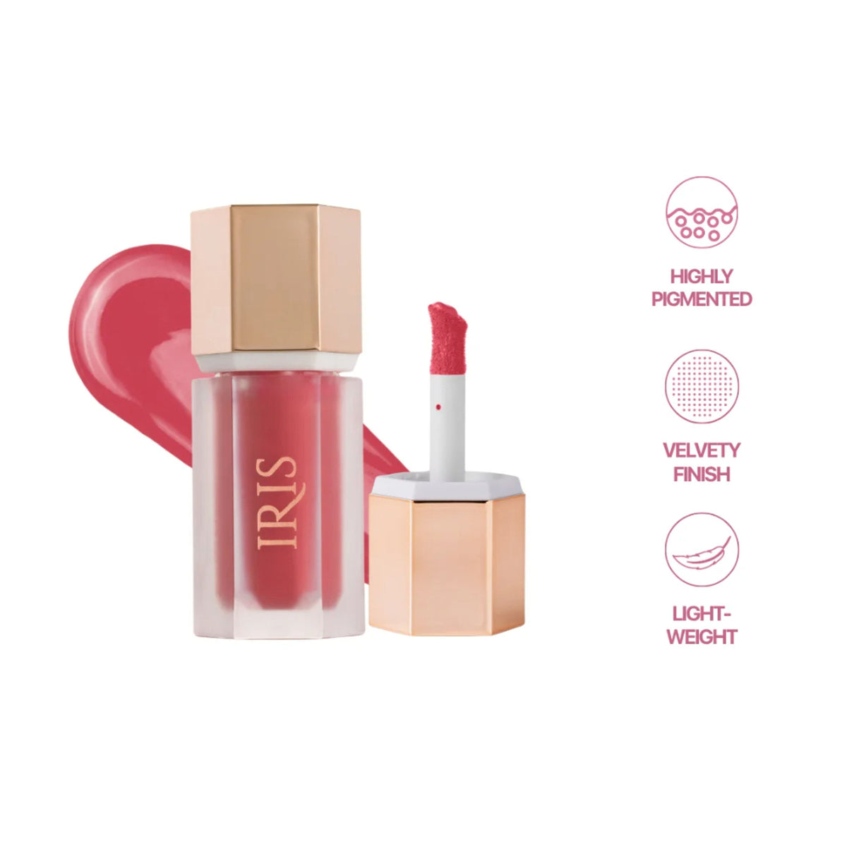 IRIS COSMETICS Oh! She Blushes Liquid Blush in Muted Rose, displaying the soft pink liquid blush product with packaging.