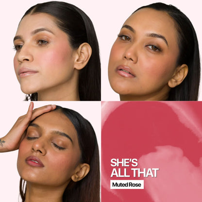 IRIS COSMETICS Oh! She Blushes Liquid Blush in Muted Rose, showcasing the soft pink liquid blush in a sleek bottle.