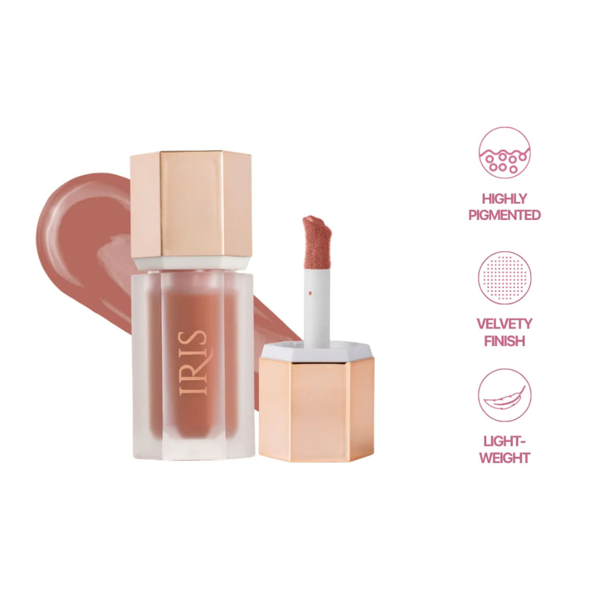 IRIS COSMETICS Oh! She Blushes Liquid Blush in Warm Brown, creamy liquid blush with a warm brown shade for natural flush.