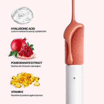 IRIS COSMETICS Oh! She Blushes Liquid Blush in Warm Brown, swatched on skin showing smooth, pigmented liquid blush texture