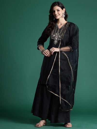Indyancart IE Ethnic Motifs Zari Embroidered Liva Kurta With Sharara & Dupatta