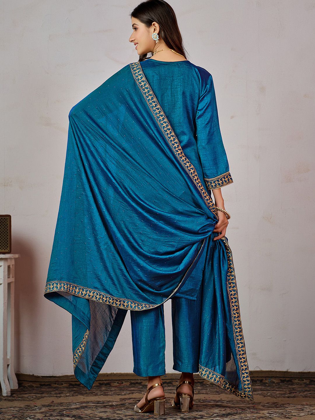 Indyancart SN Women's Blue Ethnic Motifs Embroidered Kurta with Churidar & Dupatta