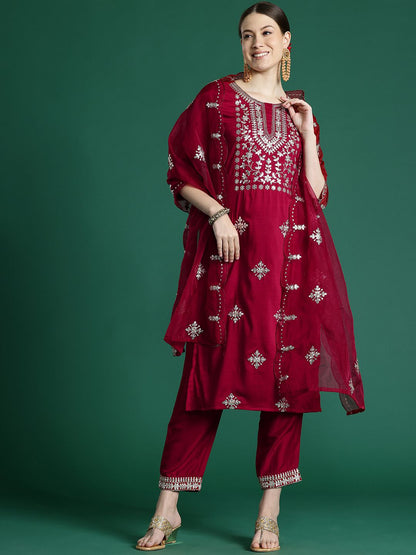 Dhiyona IE Women Ethnic Motifs Embroidered Regular Sequinned Kurta with Trousers & With Dupatta