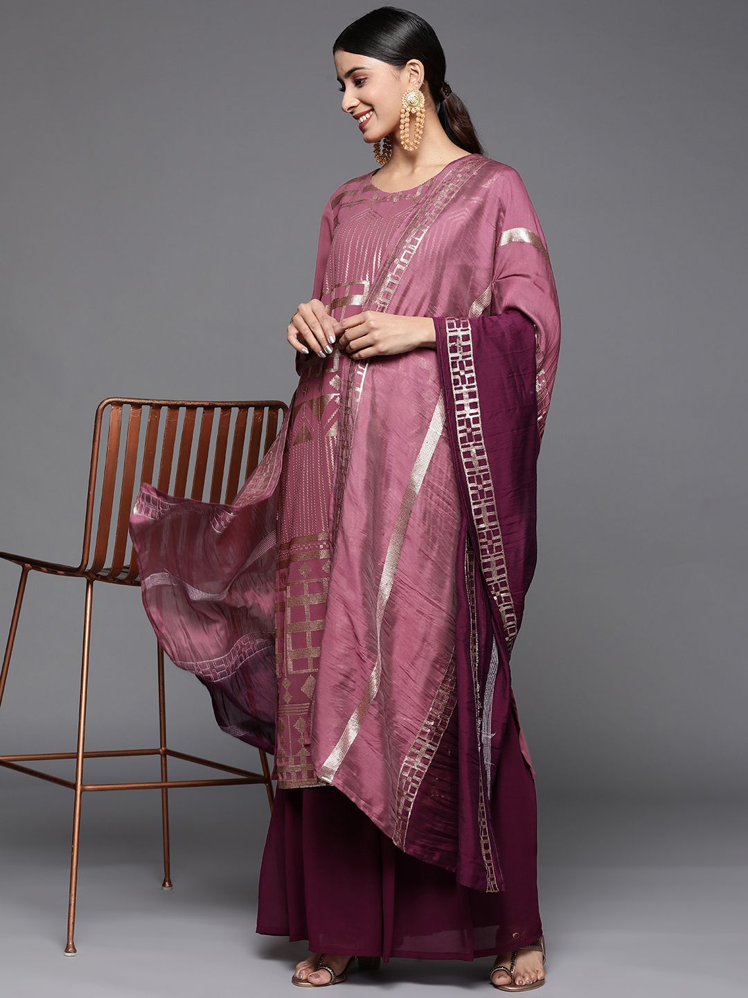 Indyancart VA Women's Embroidered Sequinned Kurta With Sharara & Dupatta
