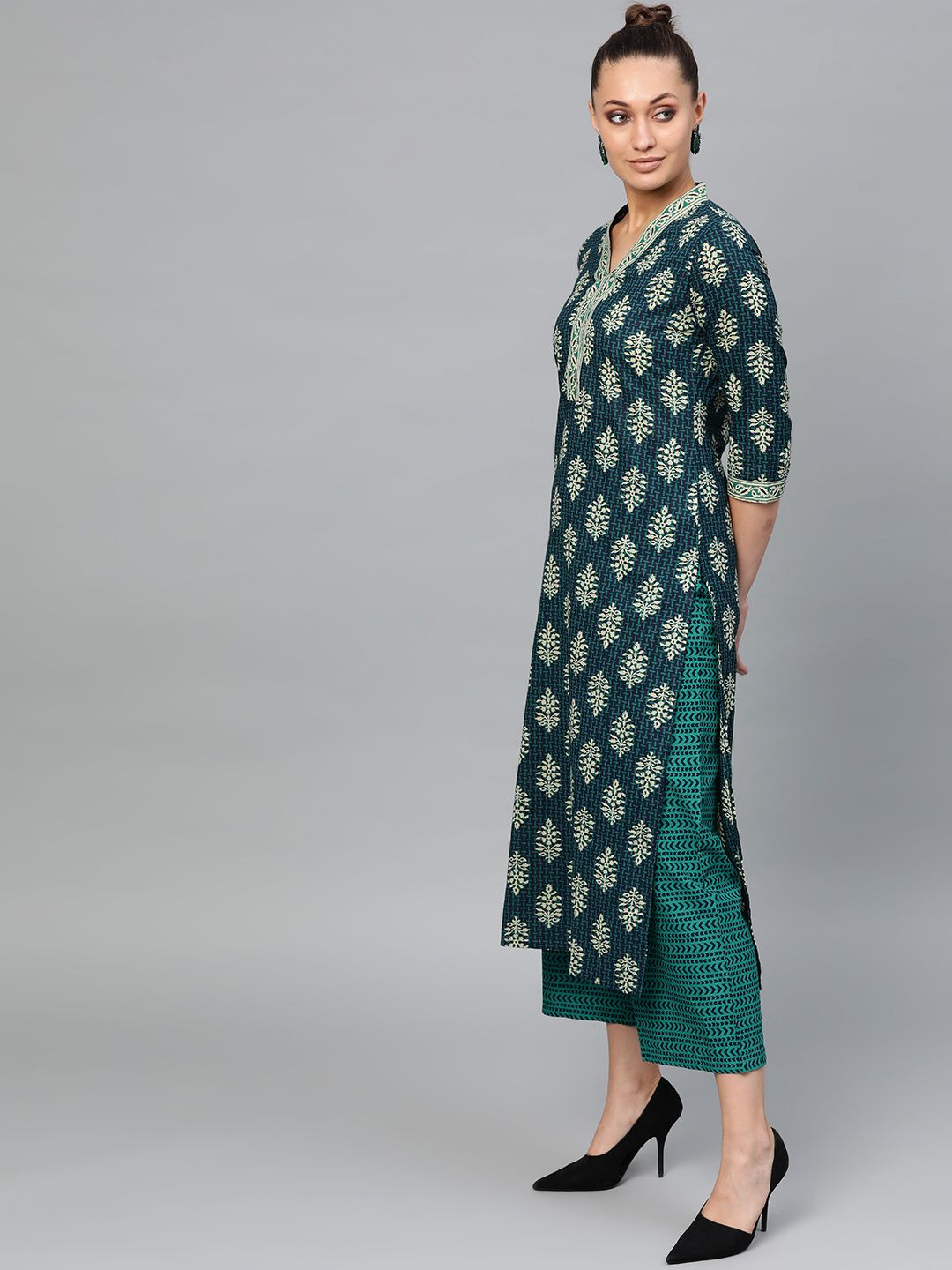 Dhiyona IE Women Navy Blue & Green Printed Kurta with Palazzos & Dupatta