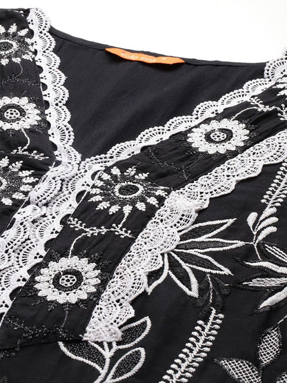 Indyancart IE Floral Embroidered Thread Work Pure Cotton Kurta With Trousers & Dupatta