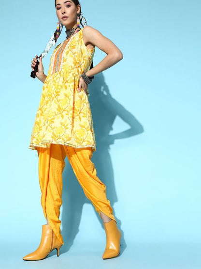 Dhiyona IE Women Yellow Floral Printed Kurta with Dhoti Pants