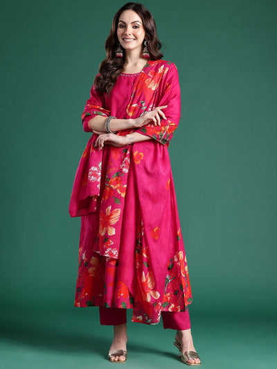 Indyancart IE Floral Printed Beads & Stones Pure Cotton Kurta With Trousers & Dupatta