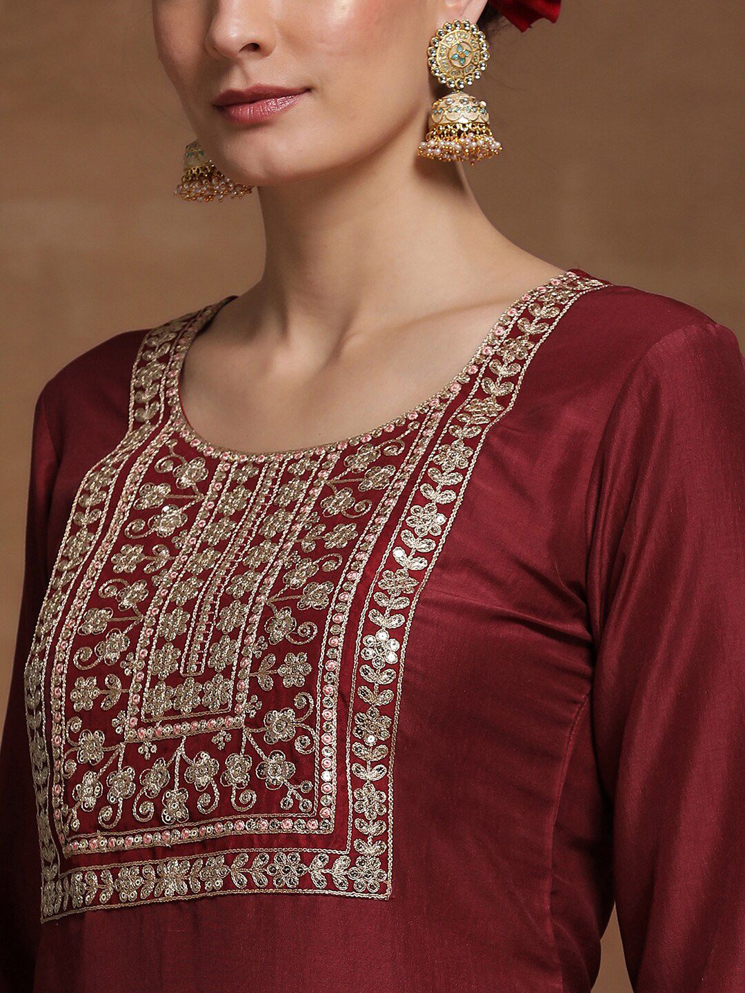 Indyancart IE Ethnic Motifs Embroidered A-line Kurta