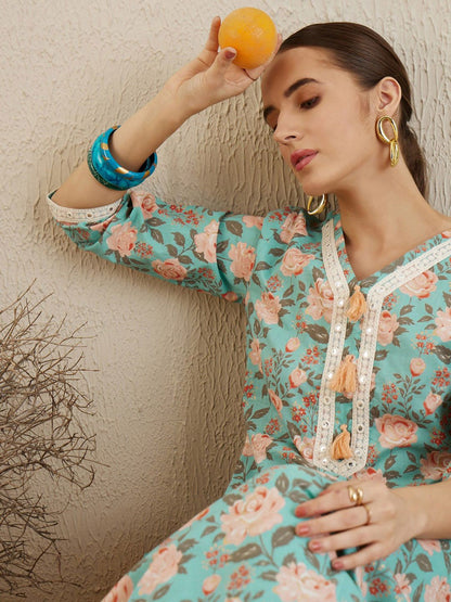 Dhiyona IE V Neck Floral Printed Mirror Work Pure Cotton Kurta with Trouser & Dupatta