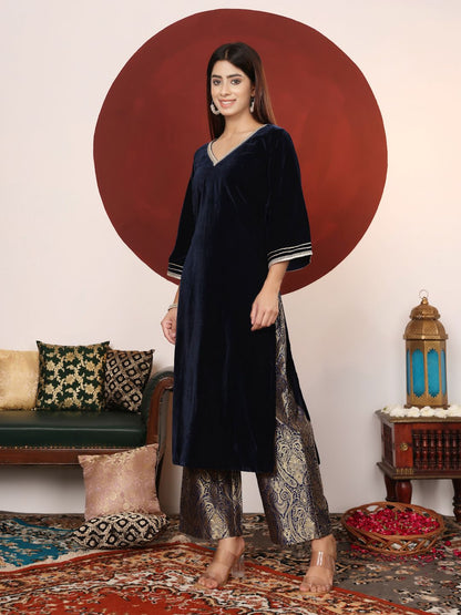 Indyancart VA Women'sGota & Zari Embroidered Velvet Winter Kurta with Trouser