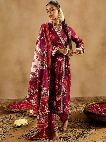 Indyancart IE Floral Printed Angrakha Mirror Work Pure Cotton Kurta With Trousers & Dupatta