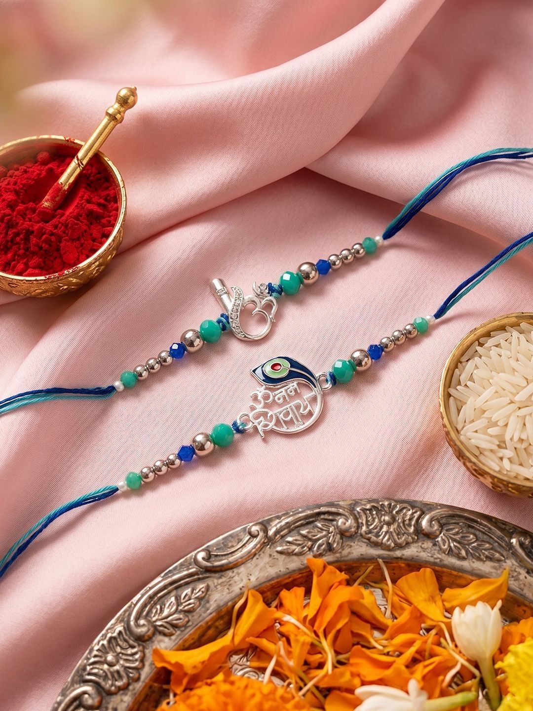 Anouk Set Of 2 Silver Toned Beaded Religious Thread Rakhi With Roli Chawal Chandan Mishri