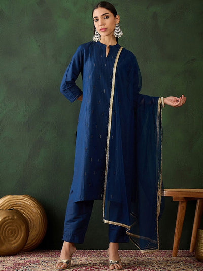 Indyancart SN Women's Navy Blue Stripped Self Design Pintuck Pure Cotton Kurta & Trouser With Dupatta