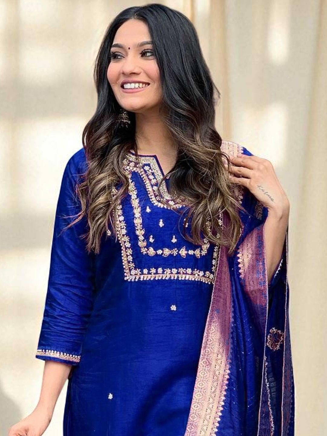 Indyancart SN Women's Embroidered Pure Cotton Straight Kurta Trousers & Dupatta