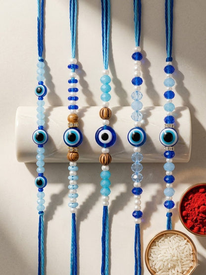 Anouk Set Of 5 Blue Evil Eye Thread Rakhi With Roli Chawal Chandan Mishri