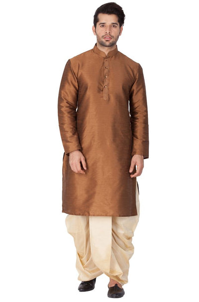 Men's Brown Silk Blend Straight Kurta and Dhoti Set