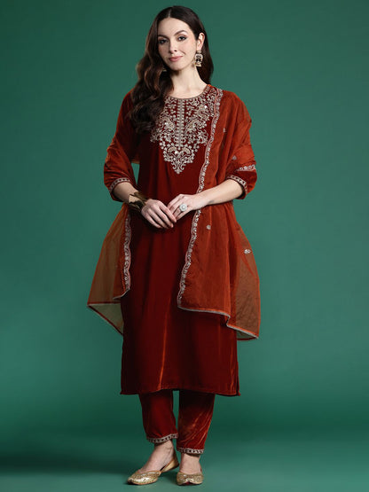 Indyancart IE Floral Embroidered Velvet Kurta with Trousers & With Dupatta
