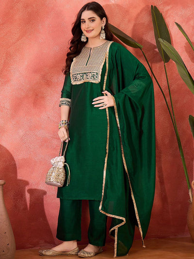 Indyancart SN Women's Zari & Sequin Cording Embroidered Straight Kurta & Trousers With Dupatta
